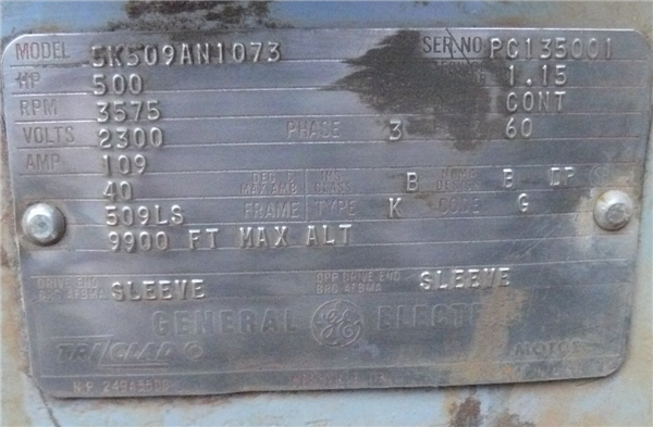 General Electric 500 Hp Motor, 3575 Rpm)